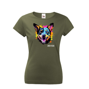 Dámske tričko s potlačou plemena Austrálsky dobytkársky pes s voliteľným menom